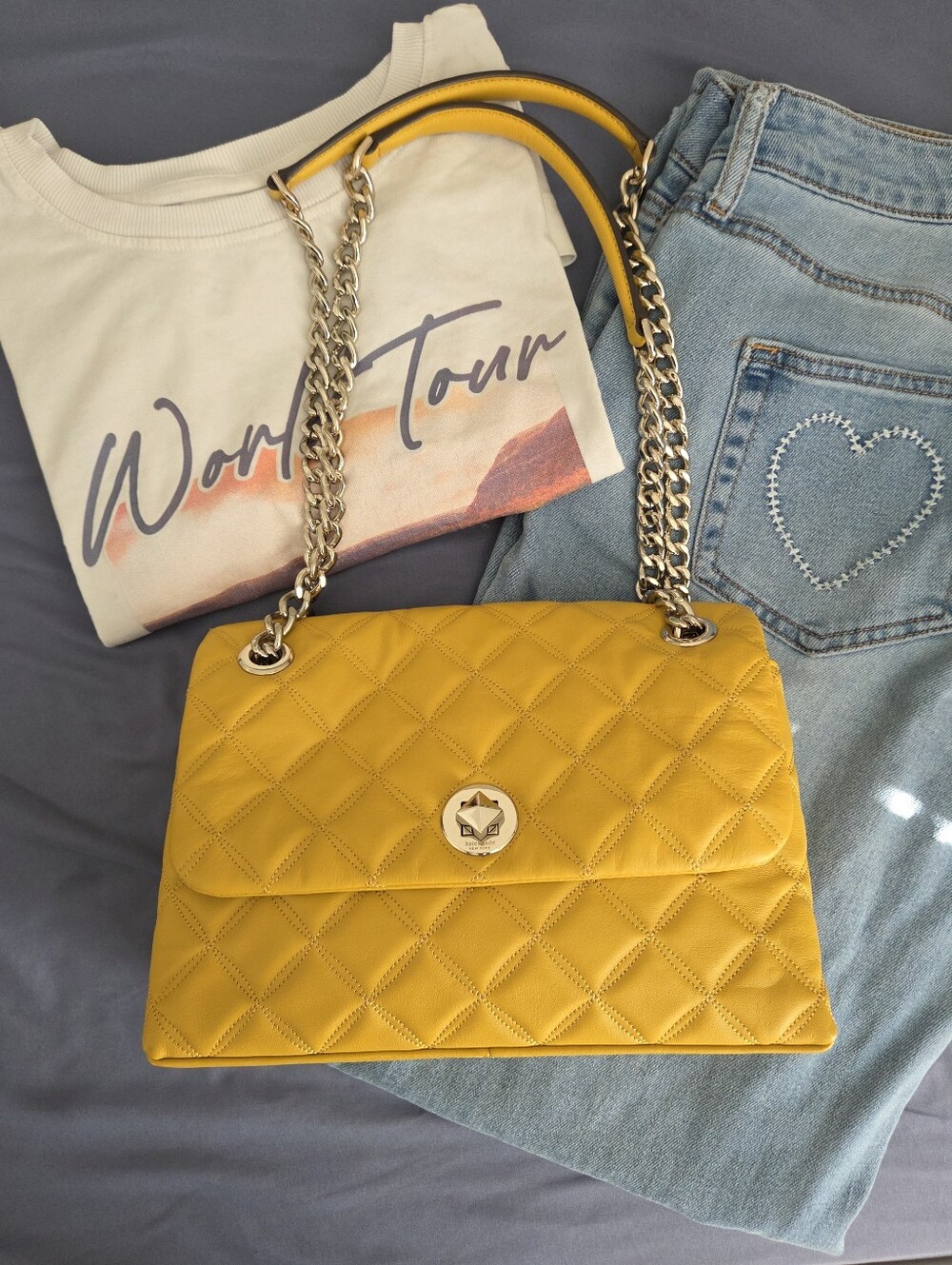 kate spade Quilted Yellow Leather Shoulder Bag with Silver Chain